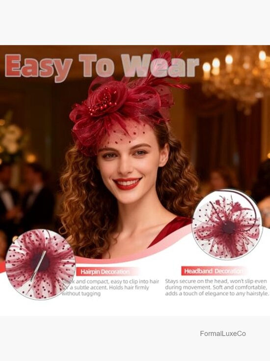 8 Vintage Feather Floral Fascinator Hats Set - Mesh Headband & Clip for Tea main image 6